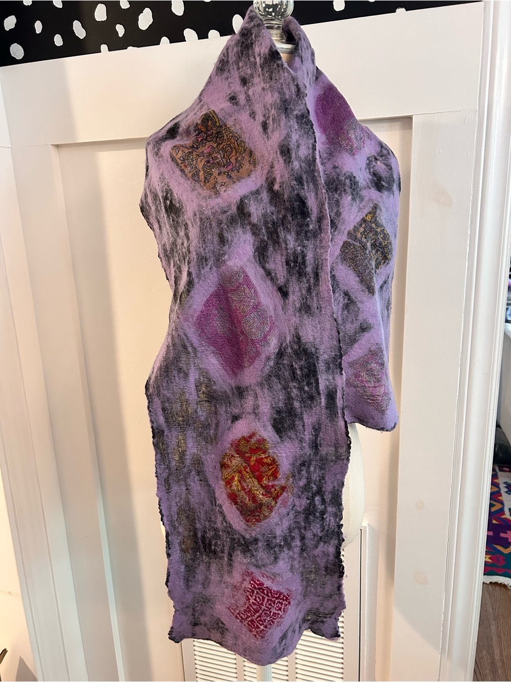 Nuno Felt Wool Scarf Wrap Handmade Purple Black Fiber Art
